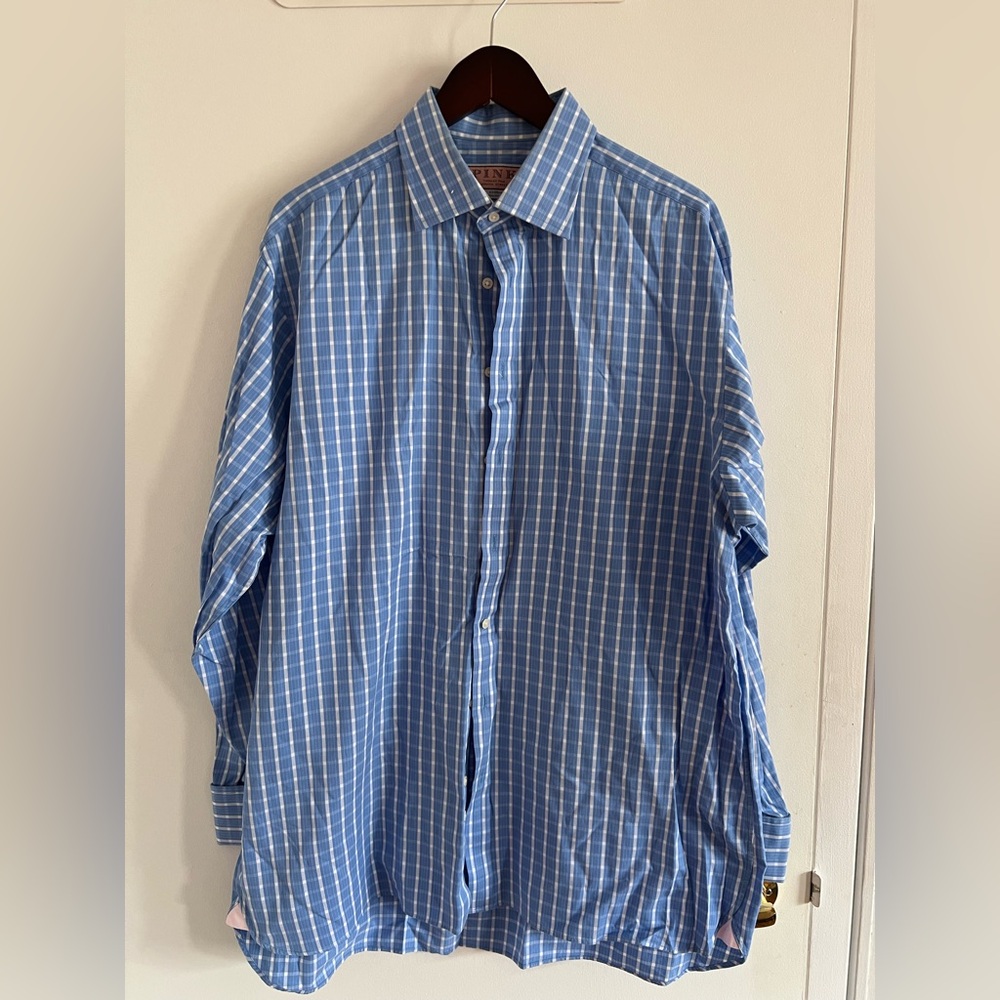 Thomas Pink Blue Striped French Cuff Men's Shirt